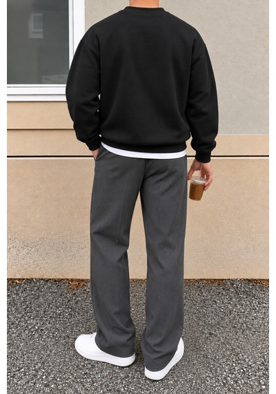 Cool Tarz Erkek 3 İplik Şardonlu Regular Fit Bisiklet Yaka Basic Sweatshirt Siyah Siyah