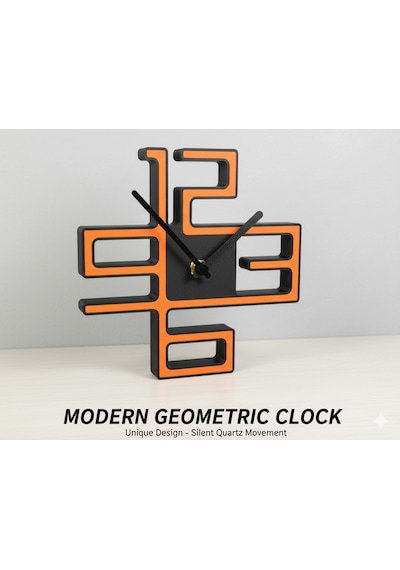 Modern Geometrik Masa Saati - Sessiz Akar Mekanizma - 3d Baskı Turuncu/siyah Tasarım