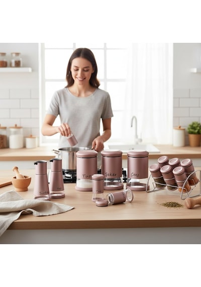 13 Parça Rose Gold Çelik Kapaklı Cam Baharatlık Seti - Stantlı Çeyizlik Baharat Takımı Yağlık Sirkelik Tuzluk Diğer