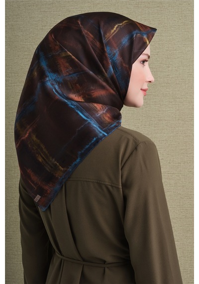 Armine Sura İpek Eşarp 2026-2027 - Sonbahar Kış-asm9602 Kahve-indigo