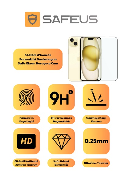 Safeus Tam Kaplayan Parmak İzi Bırakmayan Safir Ekran Koruyucu Cam Apple iPhone 15 Uyumlu İle