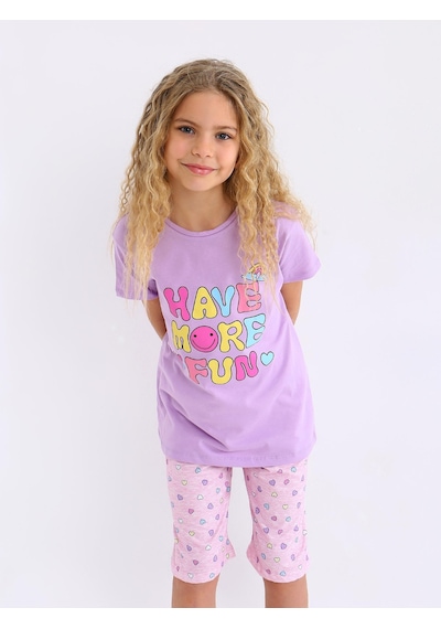 Kız Çocuk Kısa Kollu Kapri %100 Pamuklu Pijama Takımı More Fun Lila