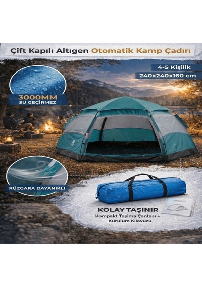 Büro Ev Ofis Kamp Keyfi İçin 240x240x160cm 5kişilik Otomatik Kurulum 2 Kapılı Altıgen Doğa Çadırı Diğer