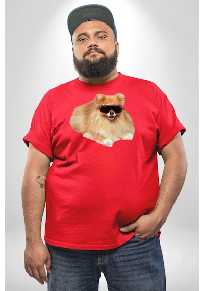 Angemiel Pomernian Köpek Kırmızı Büyük Beden Erkek Kadın Unisex Basic Ön Baskılı Tişört Kırmızı