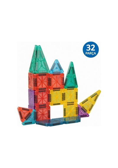 Manyetik Yapı Blokları Mini - 32 Parça Renkli 3 Boyutlu Manyetik Oyun Seti