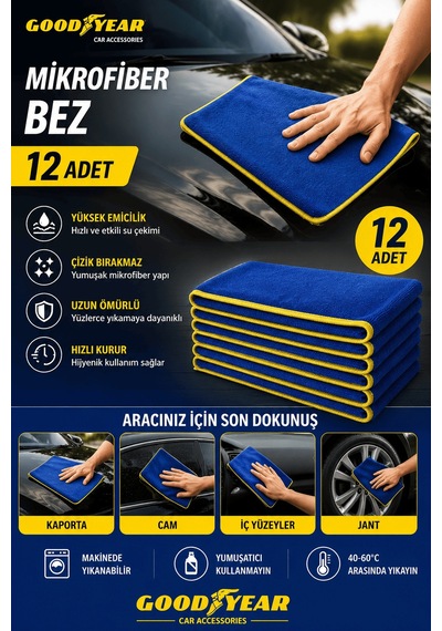 Goodyear Goodyear 12 Adet Mikrofiber Temizlik Bezi Çok Amaçlı Yüksek Emici Çizik Bırakmayan Bez
