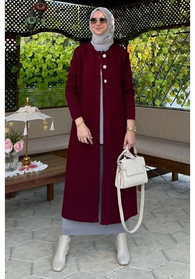 Rabia Şamlı Sinem Çelik Örme Triko Hırka Bordo Çok Renkli