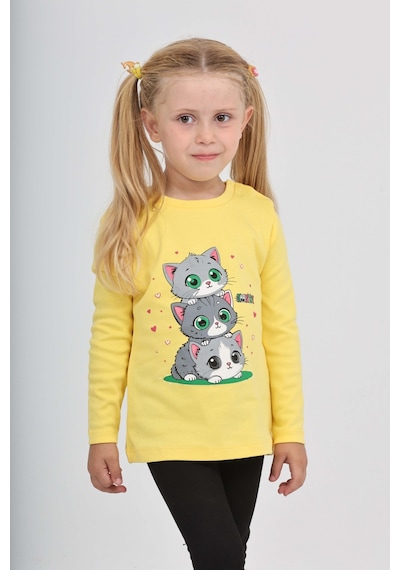 Toontoy Kız Çocuk Üçlü Kedi Baskılı Sweatshirt Koyu Sarı