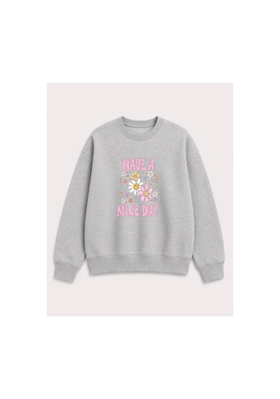 Herkesemoda Emoji Çiçekler Baskılı 2 İplik Şardonlu Bisiklet Yaka Sweatshirt Gri