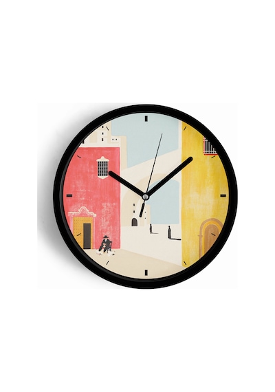 Retro Mimari Desenli Modern Duvar Saati - 25cm - Önü Camlı Siyah Kasa - Sessiz Mekanizma-jh0770 Siyah