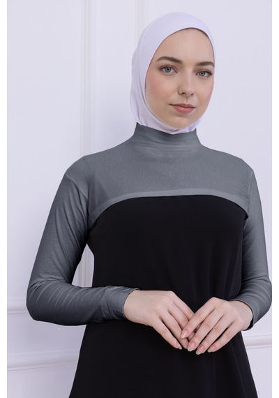 Loggia Balıkçı Yaka Boyunluklu Kolluk Açık Gri - Likralı Dik Yakalı Kadın Body Tesettür Crop Bolero Açık Gri