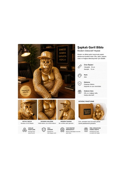 Dekor Şapkalı Goril Biblo Gold Renk Polyester Dekoratif Ofis Salon Obje 19 Cm Altın
