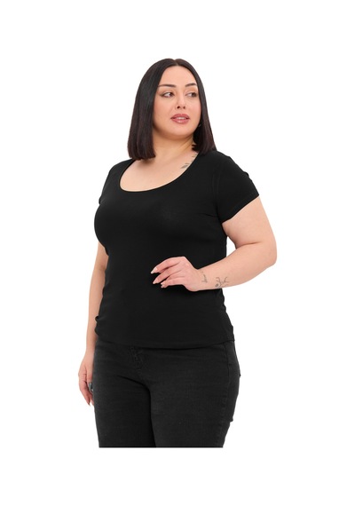 Disentis Büyük Beden U Yaka Kısa Kollu Viskon Siyah Body Siyah