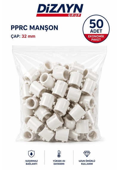 Dizayn Pprc Manşon 32 Mm 50 Adet Pn25 Temiz Su Tesisat Ek Parçası