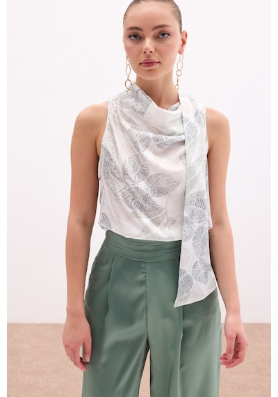 Sateen Fularlı Desenli Bluz - Haki-136079 Haki