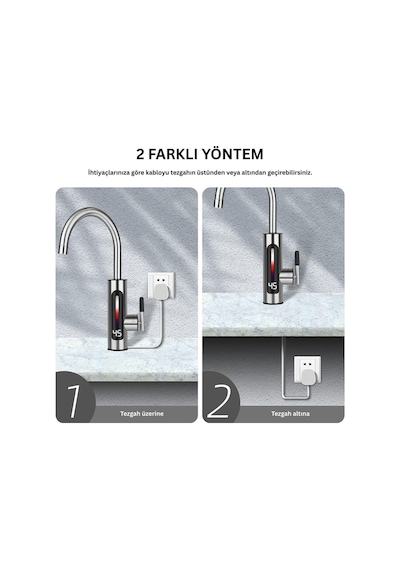 Dijital Göstergeli Elektrikli Anında Su Isıtıcılı Musluk Paslanmaz Çelik Mutfak & Banyo Gri