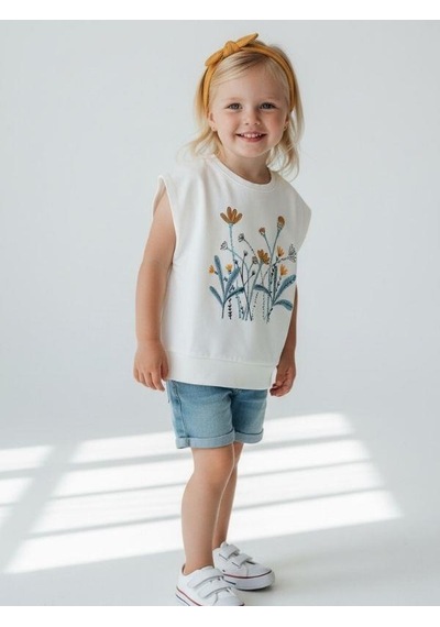 Zekids Kız Bebek Pamuklu Çiçekli Yarım Kollu T-shirt-7501 Krem