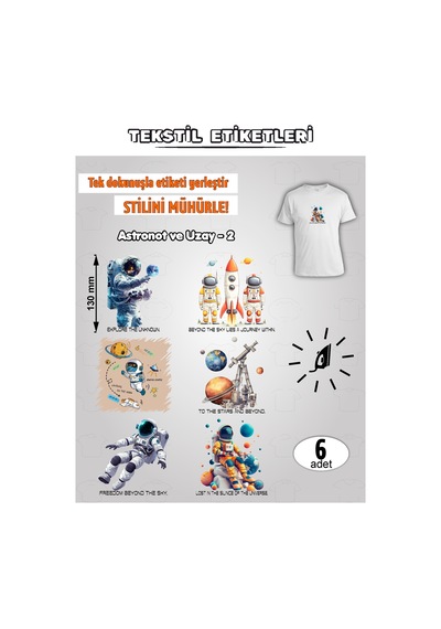 Ütü İle Yapışan Kıyafet Etiketi Astronot Ve Uzay -2 6lı Set Karışık