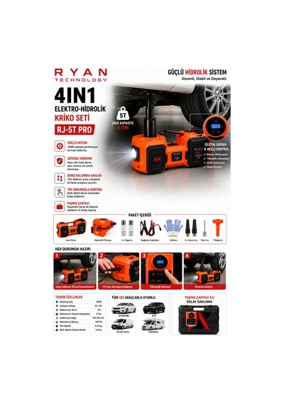 5 Ton Hidrolik Araç Krikosu 12v 4in1 Elektrikli Kriko Seti Hava Kompresörü Bijon Sökme Anahtarı Lastik Değiştirme Led Rj-5t Pro