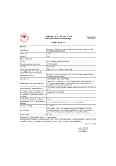 Agrosin Sirius 15.15.15+(2MgO)+(15SO3)+ME Granül NPK Taban Gübresi 50 kg