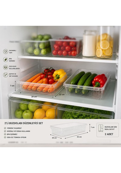 3183 2'li Şeffaf Buzdolabı İçi Düzenleyici Organizer Seti 4 Lt 20x32x7 Cm Diğer