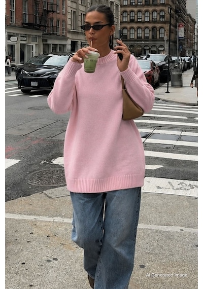 Madmext Pembe Bisiklet Yaka Oversize Uzun Kadın Triko Kazak Mg2890
