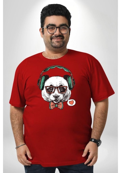 Angemiel Kulaklıklı Hipster Portre Panda Kırmızı Büyük Beden Erkek Kadın Unisex Basic Ön Baskılı Tişört Kırmızı