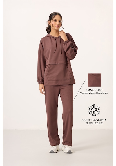 Kahverengi Yumuşak Dokulu Kapüşonlu Oversize Kadın Eşofman Tunik Takım - 95348 Kahverengi