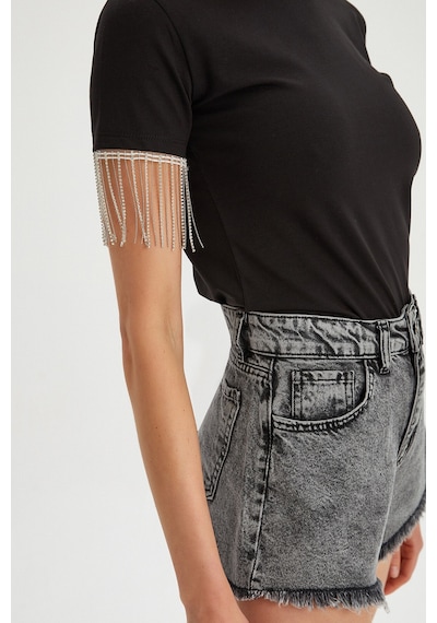 Park Karon Kadın Kolları Zincir Detaylı Basic T-shirt Siyah