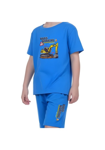 Fyk Kids Erkek Çocuk Tişört-şort Hard Working Baskılı Alt-üst Takım Mavi