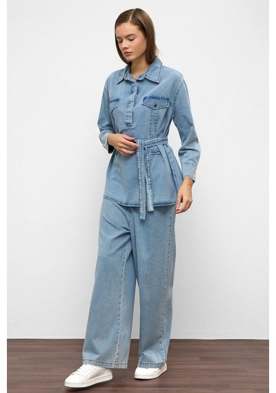Olcay Geniş Paça Pantolon Denim İkili Takım Mavi 9379-tk