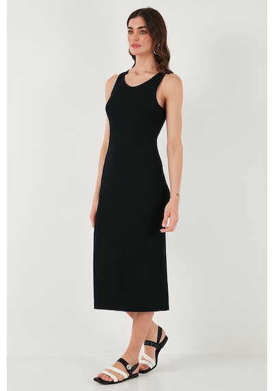 Lela Fitilli Slim Fit Bisiklet Yaka Yırtmaçlı Midi Boy Bayan Elbise 5866101 Siyah