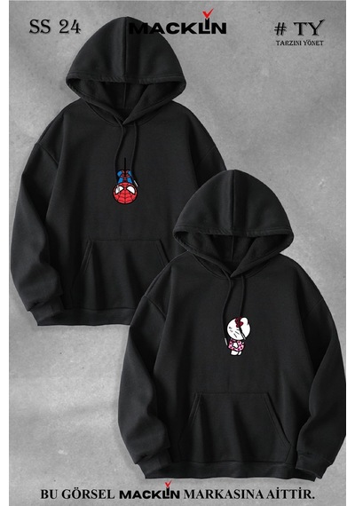Macklin Sevgili Çift Kombin Spiderman Ve Hello Kitty Baskılı Özel Tasarım Kapüşonlu Sweatshirt 2li Set Takım Siyah Mck1137 Siyah