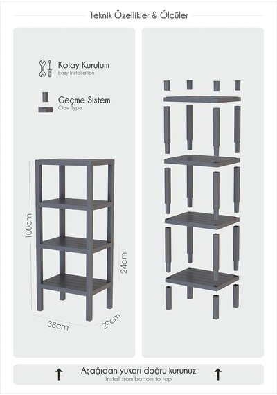 4 Katlı Siyah Çok Amaçlı Banyo, Balkon Düzenleyici Raf Ünitesi, 100x38x29 Cm Mtfks-om-2115-4lu