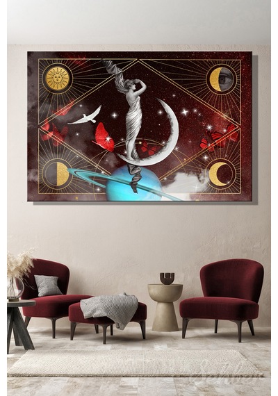 Yatay Kanvas Tablo Tekli Ev Kafe Ofis Göklerin Dansı Gökyüzü Temalı Vintage Astroloji Kolajı 2936