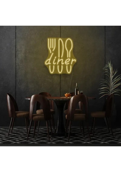 Restoranlara Özel Diner Yazılı Çatal,bıçak,kaşık Şekilli Neon Tabela Sarı