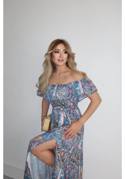 Modayakamoz Eyesof Kadın Kısa Kollu Madonna Yaka Fırfırlı Belden Yırtmaçlı Maksi Süprem Elbise Çok renkli Modayakamoz Eyesof Kadın Kısa Kollu Madonna Yaka Fırfırlı Belden Yırtmaçlı Maksi Süprem Elbise Çok renkli