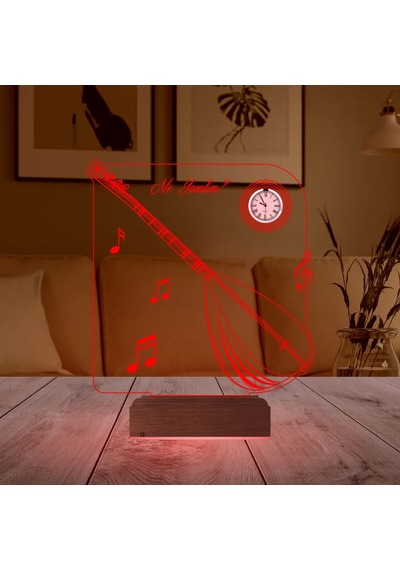 Luvivia Saz Bağlama Müzik Nota Tasarım Kişiye Özel Metal Saatli 3d Lamba - Masa Gece Lambası Şeffaf