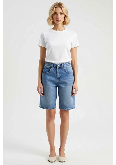 Benerly Kadın Yüksek Bel Bermuda Düz Denim Boru Paça Kısa Boy Rigid Dokum mavi