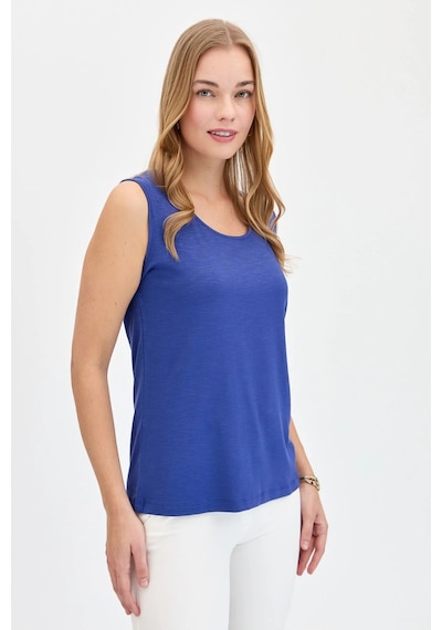 Desen Triko Kadın Sıfır Yaka Flamlı Kumaş Basic Askılı T-shirt 24086 Indigo Indigo