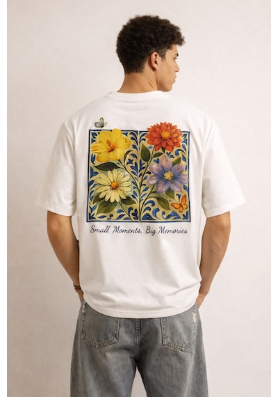 Tarz Cool Erkek Floral Baskılı Tişört Oversize Fit, Sırt Desenli Small Moments Big Memories Beyaz