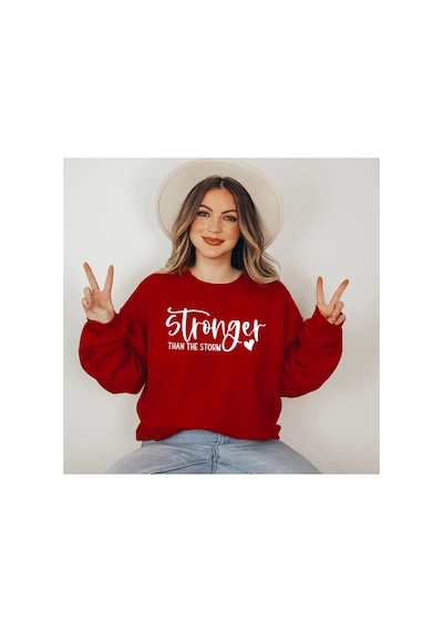 Magors Stıl-x Sevgililer Gününe Özel Stronger Baskılı, Bisiklet Yaka, Pamuklu, Oversıze Sweatshırt Kırmızı