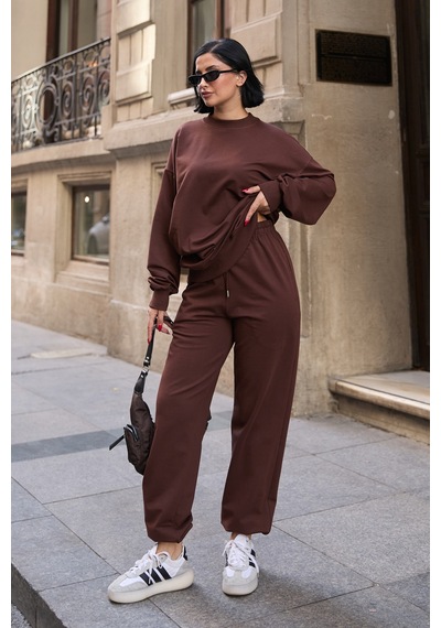 Mezka Regular Fit 2'li Takım Sweatshirt Beli Lastikli Jogger Eşofman Altı Kahverengi