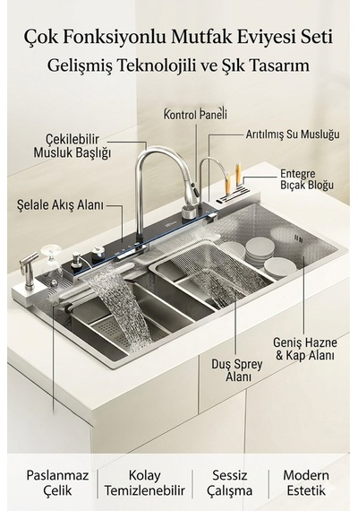 Lüx Dijital Akıllı Eviye Seti Premium Krom Akıllı Mutfak Evyesi- 100x46 Cm Çok Fonksiyonlu- Silver