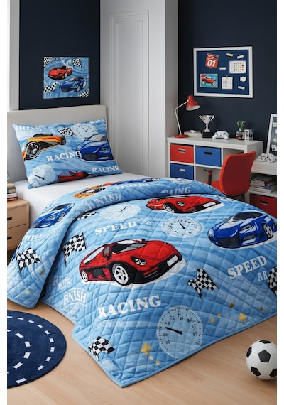 Erkek Çocuk Genç Pike Yatak Örtüsü Takımı Araba Desen Kapitone Pamuklu 4 Mevsim Çarşafsız 160x230 Mavi
