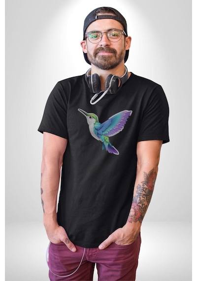 Sinek Kuşu Renkli Unisex Unisex Siyah Organik Baskılı T-shirt Penye Yüksek Kalite Siyah