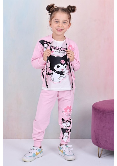 Karakter Baskılı Penye Ceketli - Penye Sweatshirt - Penye Pantolonlu Kız Çocuk 3lü Takım Pembe