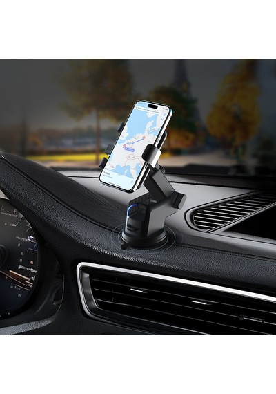 Lenyes Cr195 Sarsıntı Önleyici 360 Dönebilen Teleskopik Vantuzlu Tasarım Araç Telefon Tutucu Siyah
