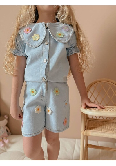 Jolly Kids Kız Çocuk Mavi Kot Gömlekli Şortlu Denim Takım Mavi