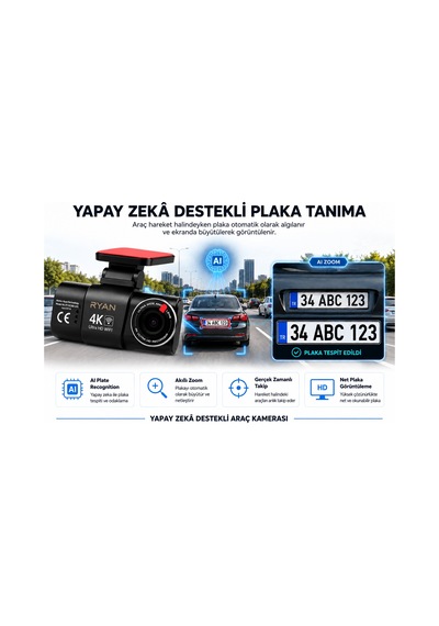 Bagajon Ryan Yapay Zeka Destekli 4k Ön 1080p Arka Araç Kamerası Wifi Gps, Gece Görüşü, G-sensor, Park Kiti